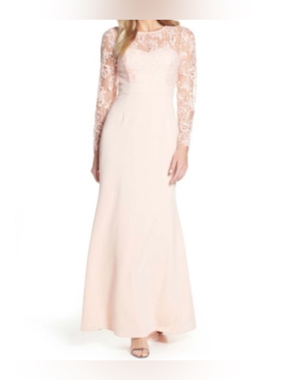 Eliza J Blush Pink Embroidered Bodice Crepe long sleeve Evening Gown size 10P
